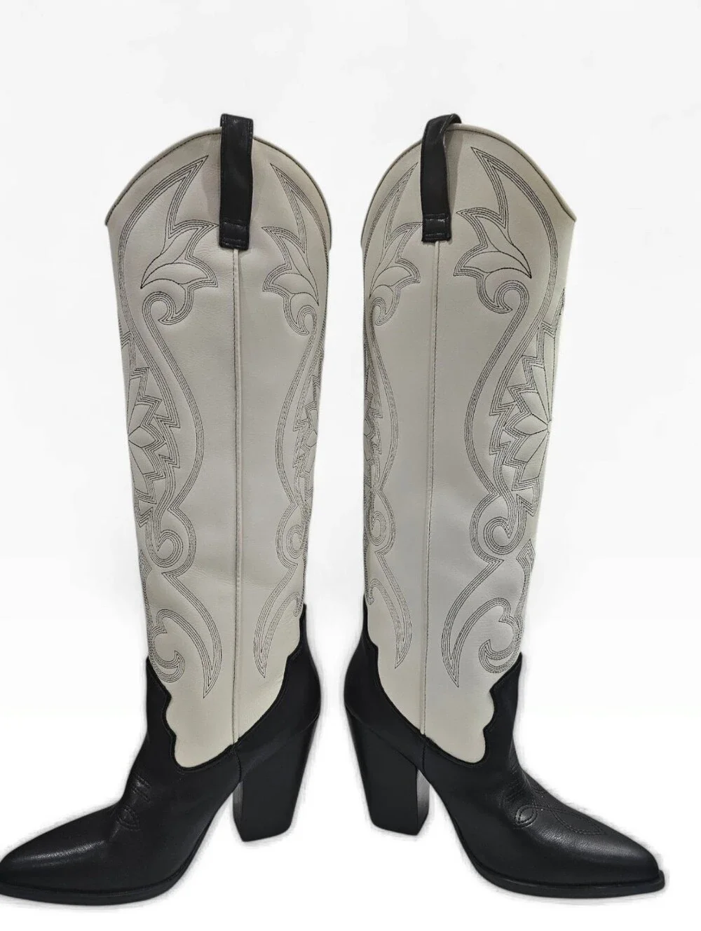 STEVE MADDEN Lasso Two Tone Black Bone Leather Tall Western Pointed Toe Boots 6M